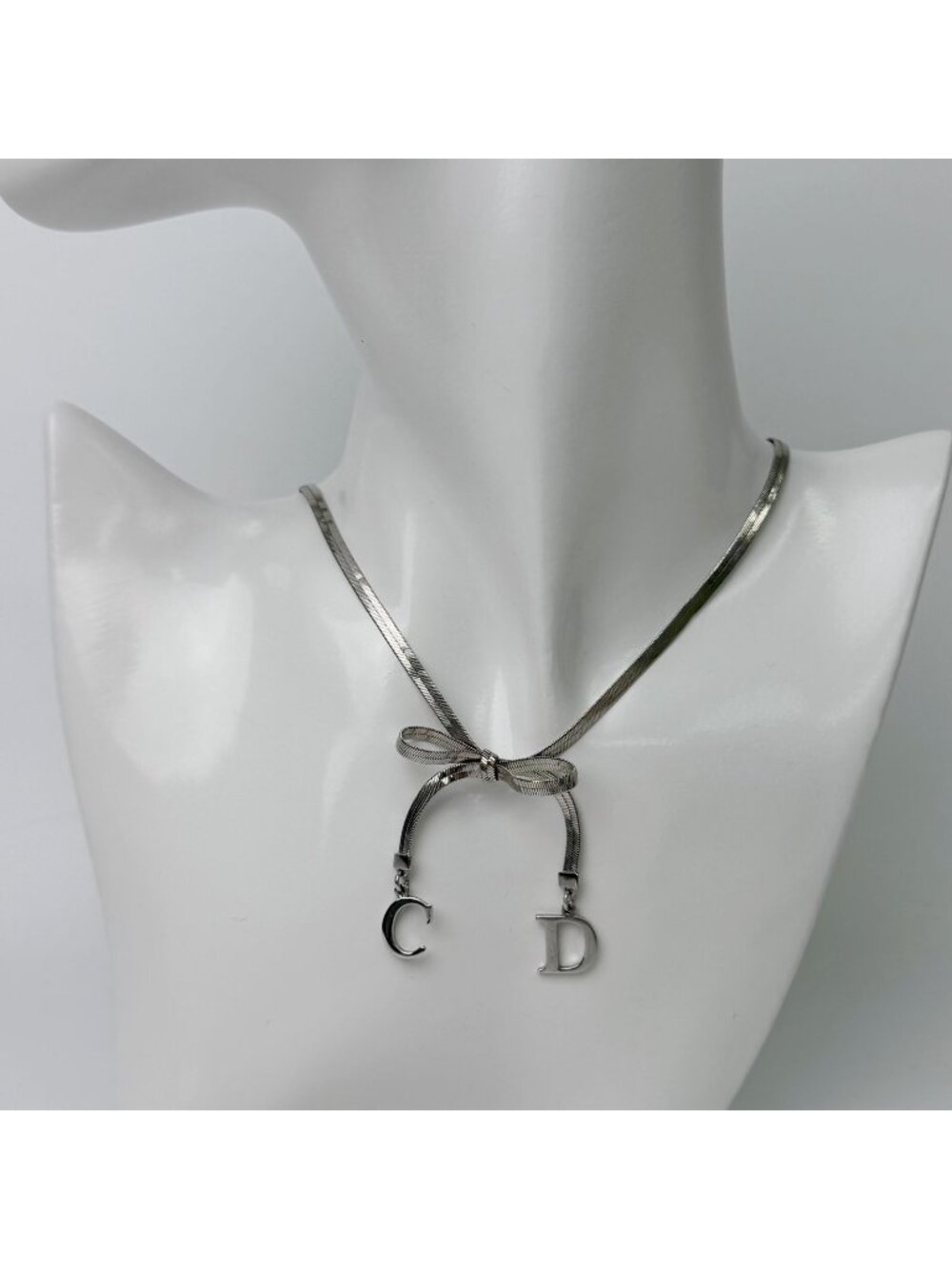 Dior Y2k CD Ribbon Double Chain Necklace Plated Silver Vintage